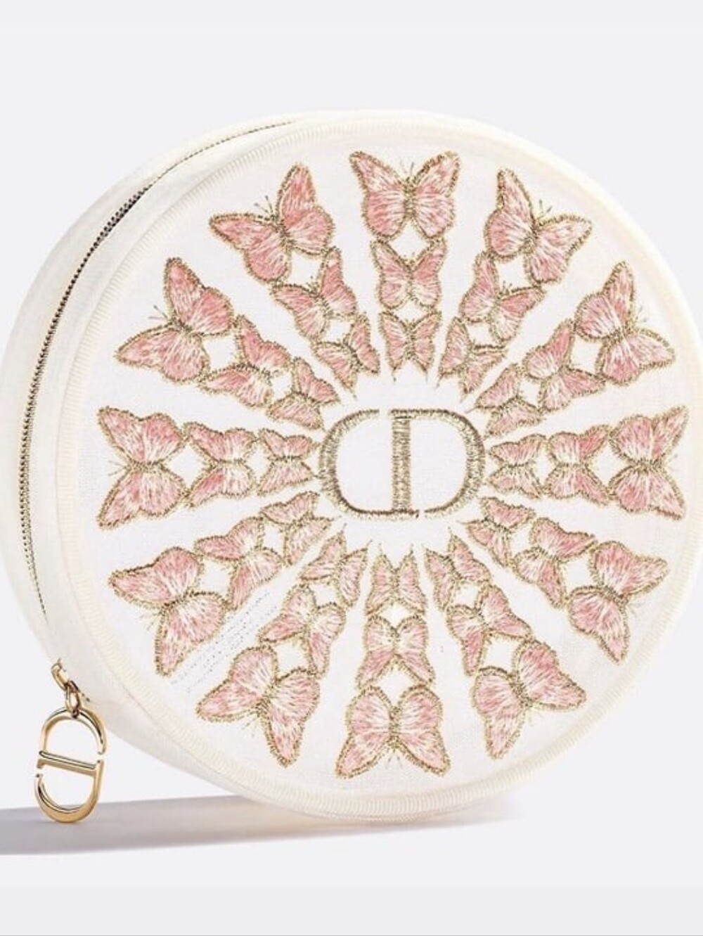 Dior Pink & Gold Butterfly Round Beauty Pouch NWOT